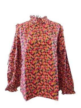 Tulip B Geometric Print Ruffle Neck Blouse Long Sleeve Top Size M NWT